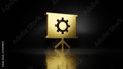 gold metal symbol of presentation 3D rendering with blurry reflection on floor with dark background