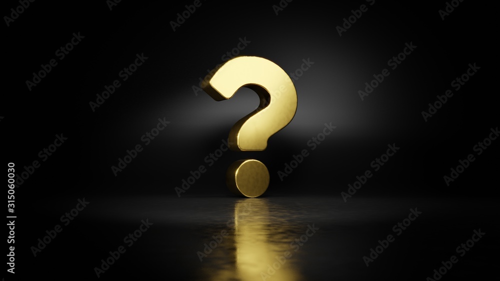 gold metal symbol of question 3D rendering with blurry reflection on floor with dark background gold metal symbol of question 3D rendering with blurry reflection on floor with dark background