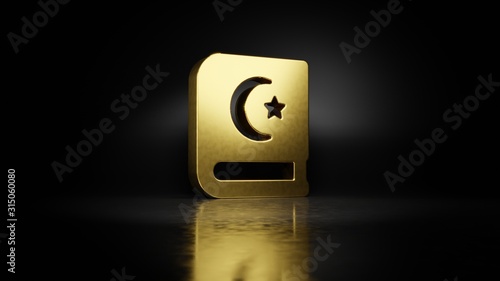 gold metal symbol of Quran 3D rendering with blurry reflection on floor with dark background