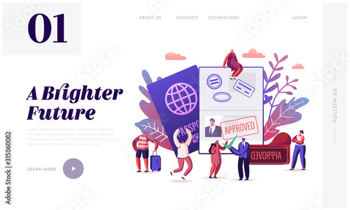 People Getting Visa Website Landing Page. Travelers and Tourists Making Document for Leaving Country and Travel Abroad. Foreign and Native Passport Web Page Banner. Cartoon Flat Vector Illustration