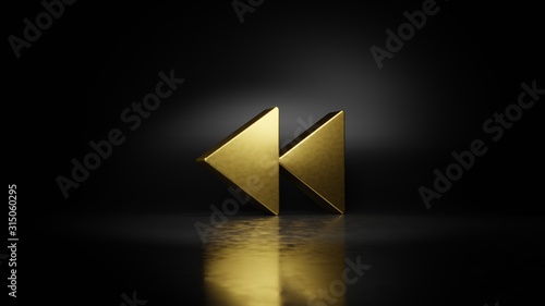 gold metal symbol of rewind 3D rendering with blurry reflection on floor with dark background photo