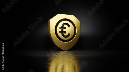 gold metal symbol of shield  3D rendering with blurry reflection on floor with dark background