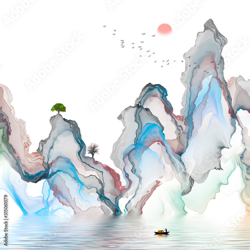 Hand-painted lines, abstract ink landscape decorations, art poster background