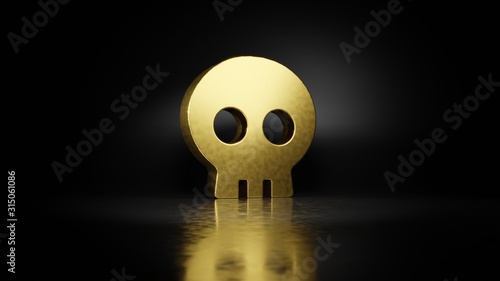 gold metal symbol of skull 3D rendering with blurry reflection on floor with dark background