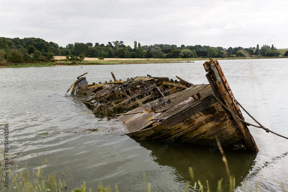 An old wooden ship wreck that has been left in a river to create a new habitat for animals