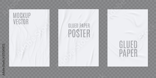 Wrinkled paper vector realistic template for poster or flyer glued to the wall. Vector set