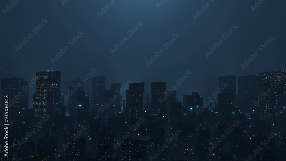 3D Rendering of mega capital city with many sky scrapping buildings during night time. Large copy space for your text or product. For technology or financial business background