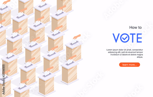 Isometric hand put voting paper in the ballot box. Election Day.
