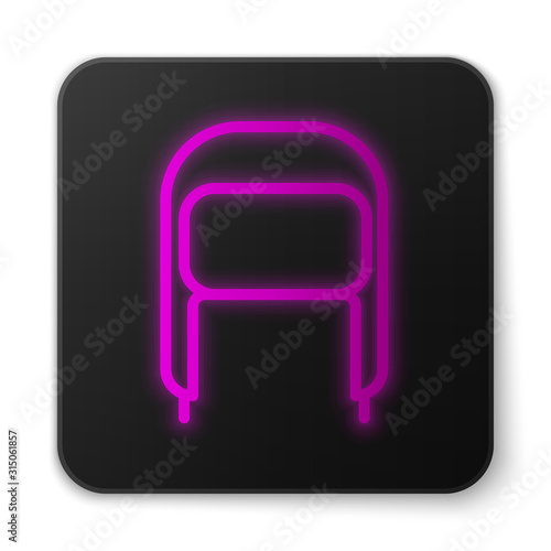 Glowing neon line Winter hat with ear flaps icon isolated on white background. Black square button. Vector Illustration