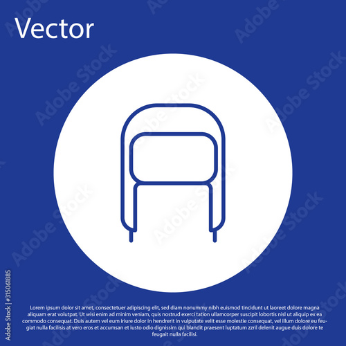 Blue line Winter hat with ear flaps icon isolated on blue background. White circle button. Vector Illustration