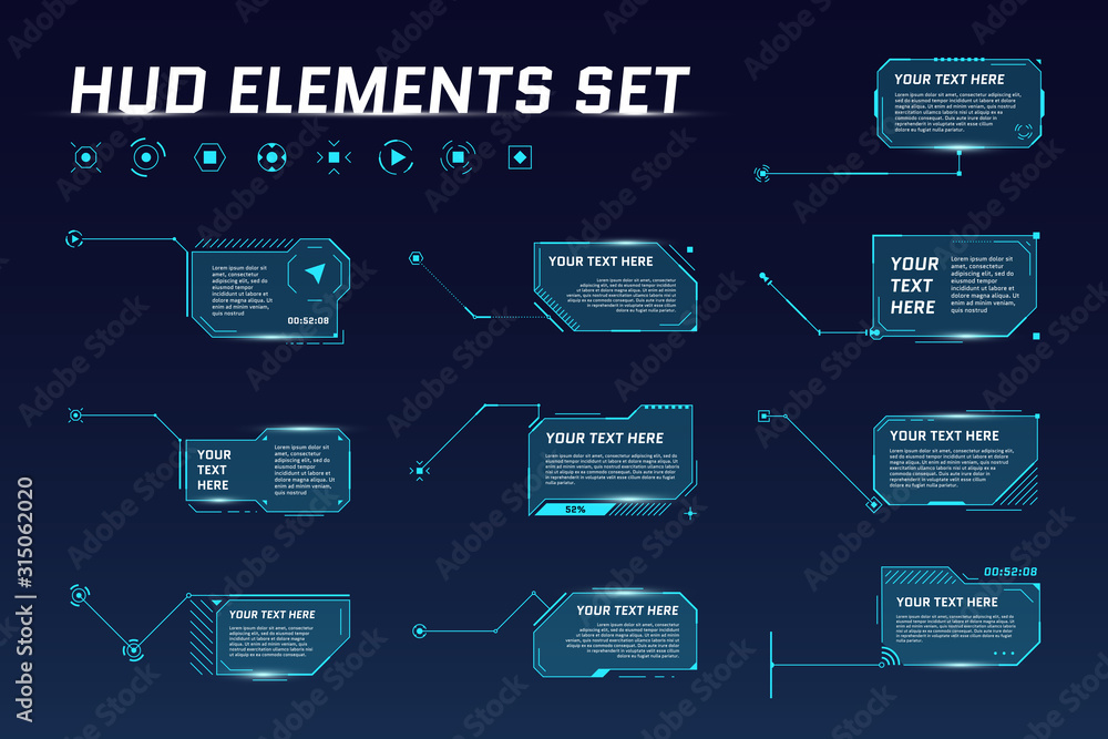 HUD digital futuristic callout title set. Call out sci fi frame bar labels. Presentation or infographic modern digital info box layout template. Interface HUD UI GUI element. Vector illustration HUD digital futuristic callout title set. Call out sci fi frame bar labels. Presentation or infographic modern digital info box layout template. Interface HUD UI GUI element. Vector illustration