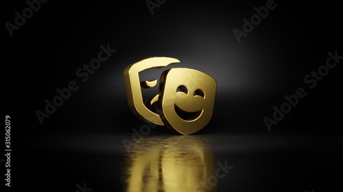 gold metal symbol of theater masks 3D rendering with blurry reflection on floor with dark background