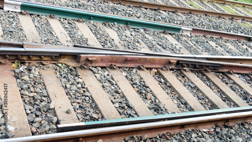 Concrete Indian Railways track. Railway tracks in India. Close Up. Howrah Railway Station, India May 2019 Concrete Indian Railways track. Railway tracks in India. Close Up. Howrah Railway Station, India May 2019