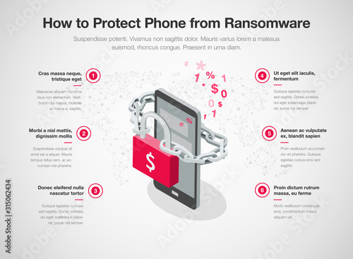 Simple infographic for 6 tips how to protect phone from ransomware attacks with smartphone, red padlock and chain, isolated on light background. Easy to use for your website or presentation.
