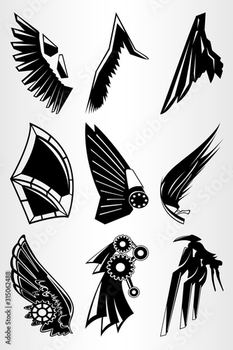 A set of robot wings of the future. Wings in the style of manga. Black and white set of wings from various mechanisms. The cyberpunk style. Tattoo drawing.