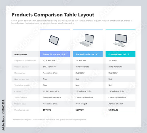 Products comparison table layout with place for description. Flat infographic design template for website or presentation.