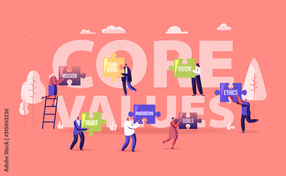 Fototapeta premium Core Values Concept. Tiny Male and Female Characters Businesspeople Holding Huge Puzzle Pieces with Basic Social and Business Principles Poster Banner Flyer Brochure. Cartoon Flat Vector Illustration