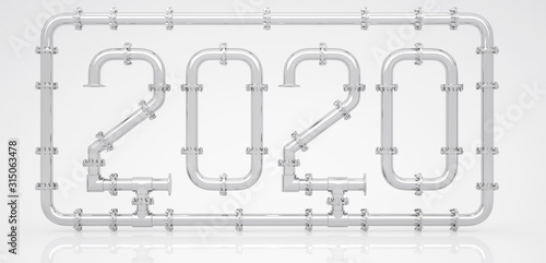 New Year 2020 made of chrome pipes surrounded by a frame on a white background. 3D render.