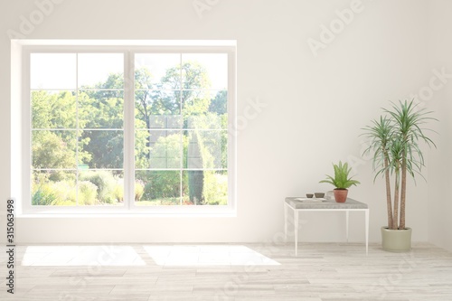 Plakat Stylish empty room in white color with summer landscape in window. Scandinavian interior design. 3D illustration