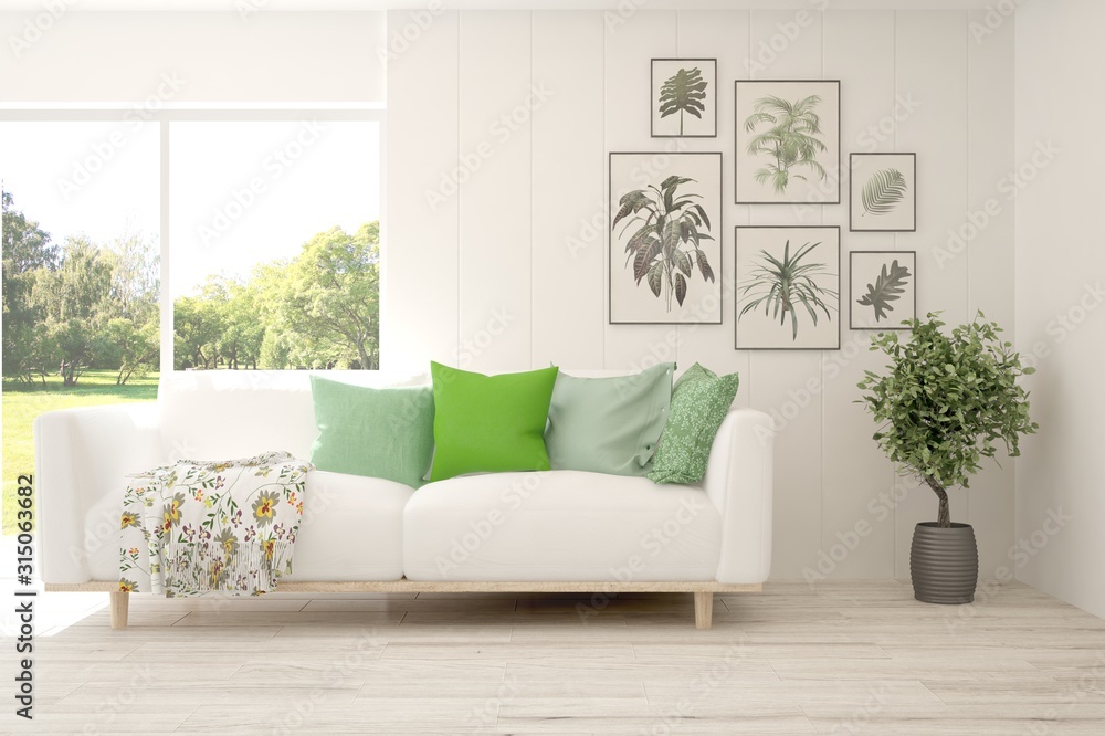 Stylish room in white color with sofa and summer landscape in window. Scandinavian interior design. 3D illustration Stylish room in white color with sofa and summer landscape in window. Scandinavian interior design. 3D illustration