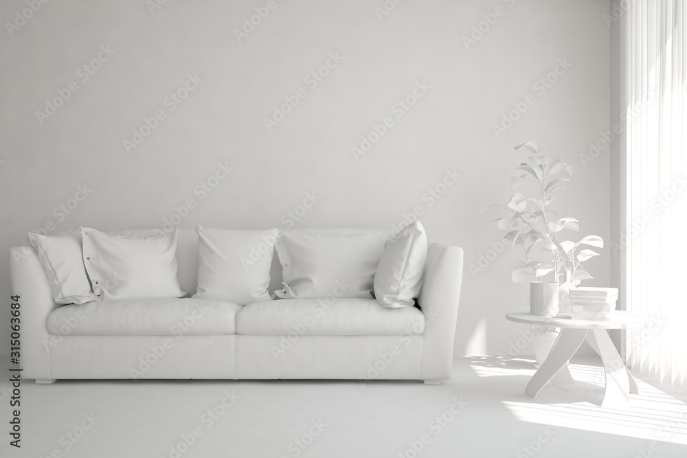 Mock up of stylish room in white color with sofa. Scandinavian interior design. 3D illustration Mock up of stylish room in white color with sofa. Scandinavian interior design. 3D illustration