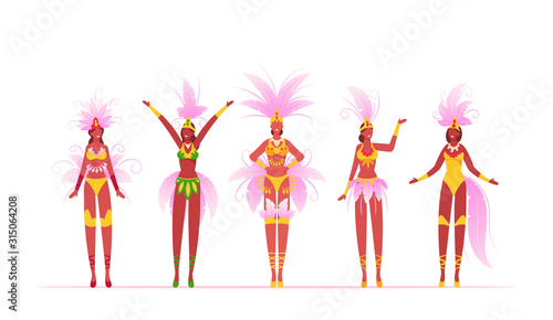 Brazilian Samba Dancers Women Isolated on White Background, Brazil Culture, Carnival in Rio De Janeiro, Girls Wearing Festival Costumes with Feather Wings Dancing Cartoon Flat Vector Illustration