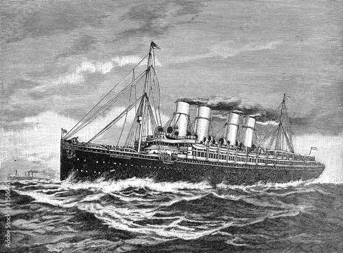 Double-screw steamer (steam ship) Germany 1900 to New York after the world war 1, Illustration from Brockhaus Konversations-Lexikon 1908