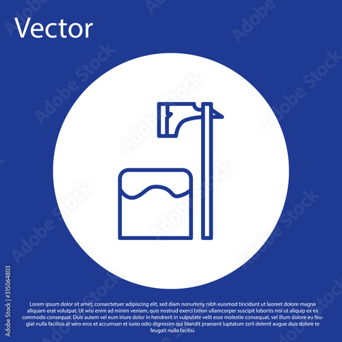 Blue line Executioner axe in tree block icon isolated on blue background. Hangman, torturer, executor, tormentor, butcher, headsman. White circle button. Vector Illustration