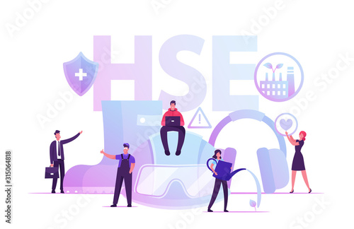 HSE Concept. Tiny Male and Female Characters and Attributes for Working. Environmental Protection and Health Safety Environment at Work Poster Banner Flyer Brochure. Cartoon Flat Vector Illustration