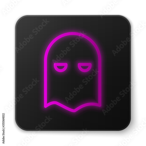Glowing neon line Executioner mask icon isolated on white background. Hangman, torturer, executor, tormentor, butcher, headsman icon. Black square button. Vector Illustration
