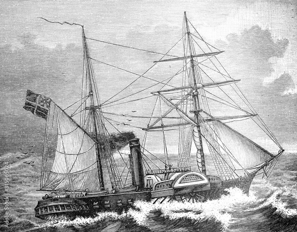 Fototapeta First Paddle steamer (Steam ship) from English fleet 1839 Antique Ilustration from Brockhaus Konversations-Lexikon 1908
