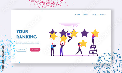 Customer Review and Rating Website Landing Page. People Put Huge Golden Stars into Holes, Man Hanging on Rope from Helicopter Leaving Feedback Web Page Banner. Cartoon Flat Vector Illustration