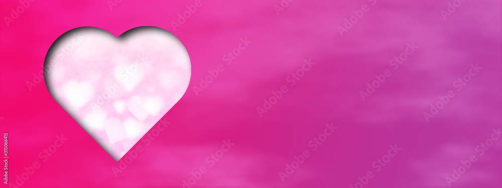 Heart shape cut out in a pink card. Underneath the pink background with hearts. Valentine's day, women's day.