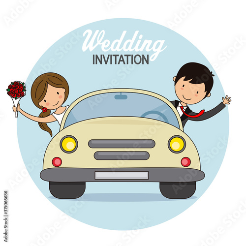 Wedding card.  Wedding couple in car	