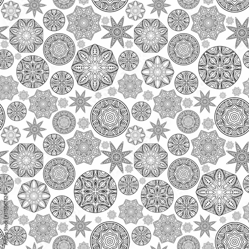 Seamless geometric pattern with abstract ethnic rounds and stars.