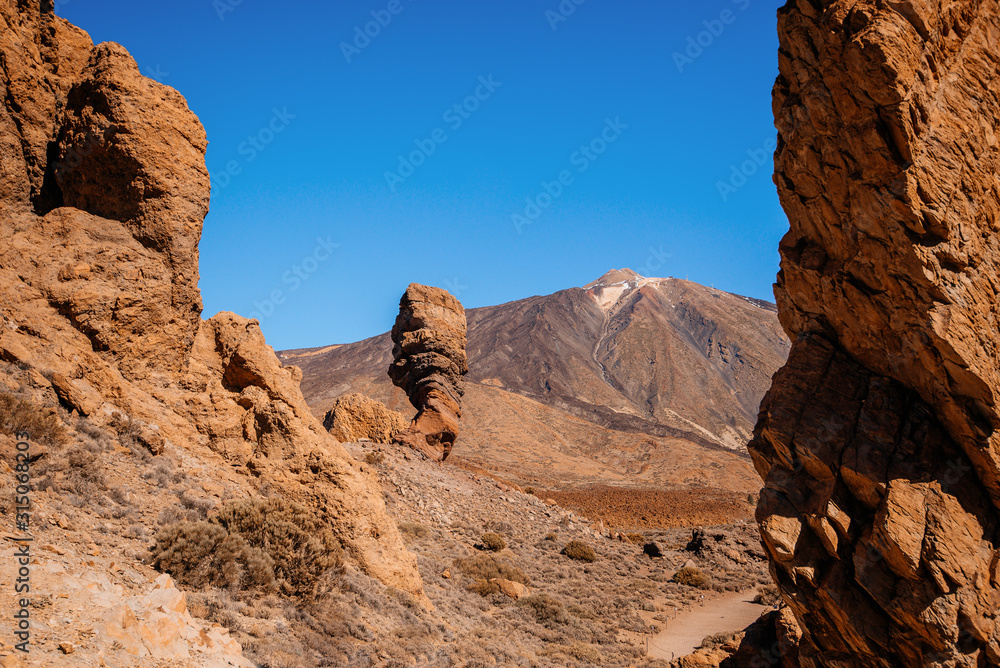 Los Roques de Garcia from Tenerife with the beautiful Teide in the background. Teide National Park, Tenerife, Spain