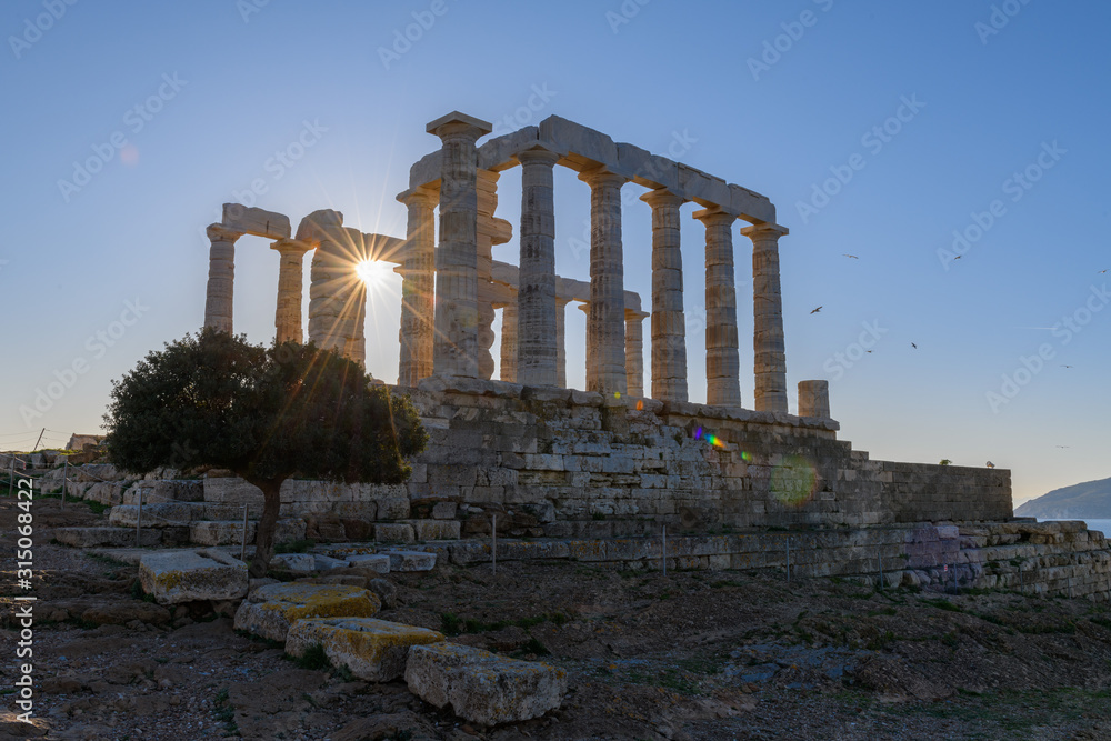 Ruins of ancient Temple of Poseidon at Cape Sounion in Attica, Greece