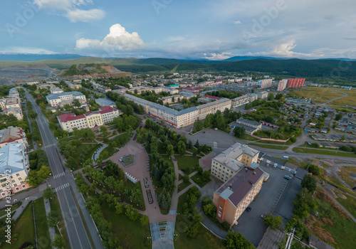 Satka city. Square. Chelyabinsk region, Russia. Aerial, summer, evening