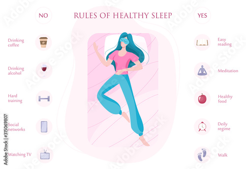 Rules of good healthy sleep at the night. List of advice