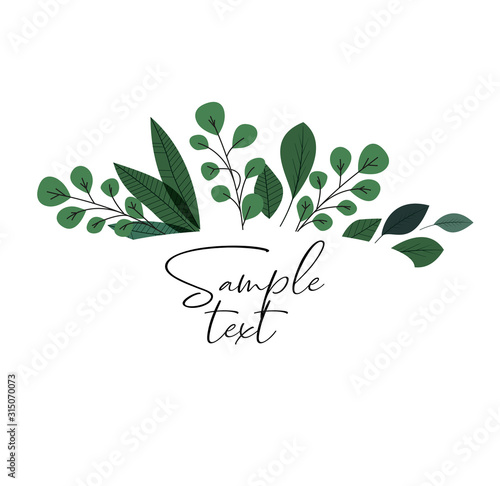 Vector illustration of green leaves. Natural background, invitation card template with branches and leaf decoration.