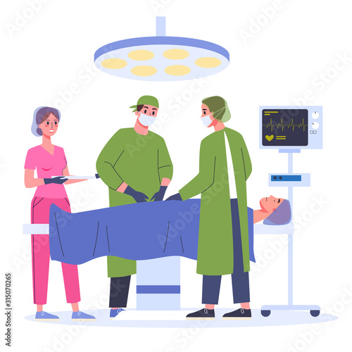 Surgery process with operating lamp medical staff and patient on table.