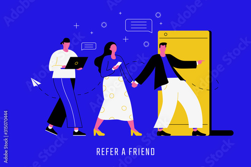 Refer a friend concept. Customer invites friends to a team. Referral marketing vector illustration. Mobile app for loyalty reward program. Characters with gadgets in modern flat style.