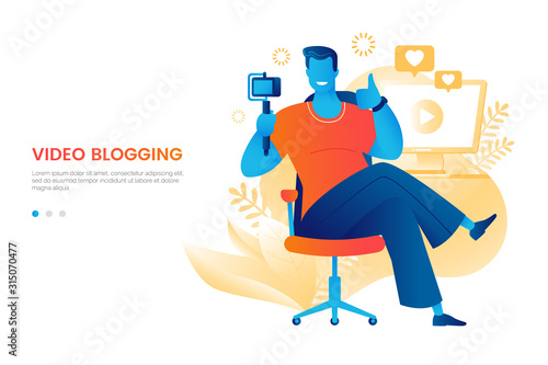 Video blogger vector illustration. Man shoots himself on a video camera. Vlogger at work. Guy leads a vlog sitting at the desk. Element for your design. Flat style.
