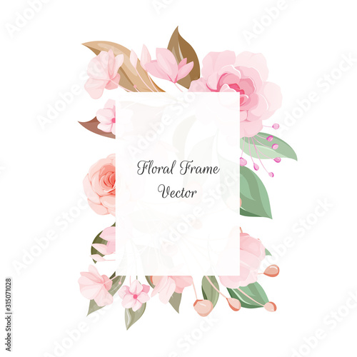 Floral frame of peach and blush roses flowers, leaves, branches. Romantic botanic illustration elements for wedding, greeting, and valentine card design vector