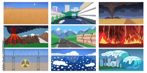 Natural disaster set. Earthquake and flood, forest in fire