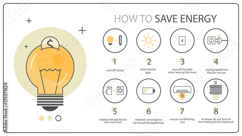 How to save energy instruction, ecology infographics. Idea of reducing energy