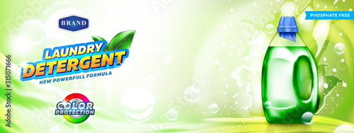 Laundry detergent banner. Blank bottle filled by phosphate free detergent with water splash and bubbles on bright green background ready for branding and ads design.