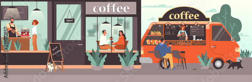 People having lunch in coffee shop. Female and male characters