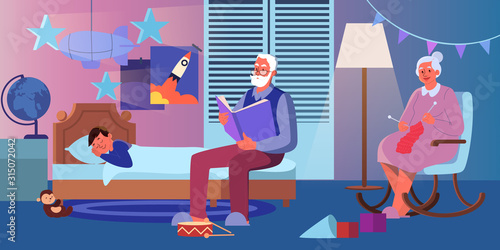 Grandfather reading a book to his grandson out loud. Old lady knitting