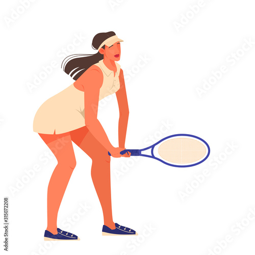Tennis player holding a racket on tennis court. Tennis player training.
